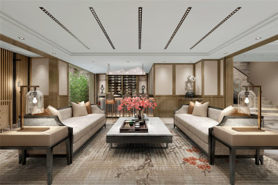 新中式客餐厅 绿植 沙发 茶几 餐桌椅 红酒柜 背景墙 台灯